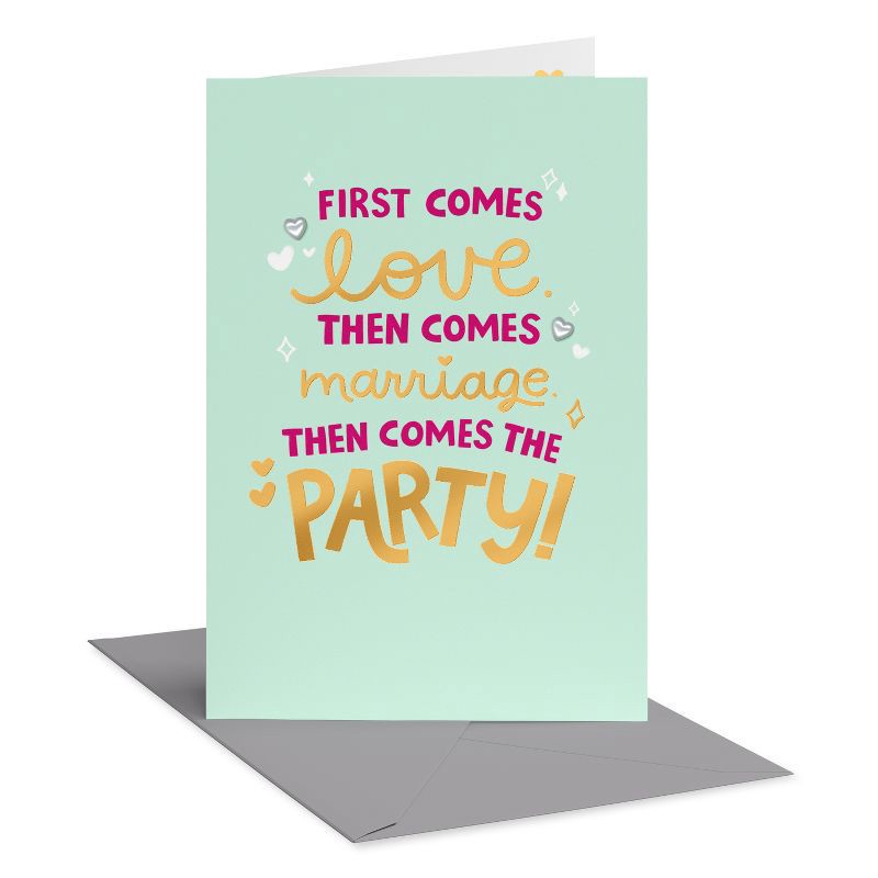 slide 1 of 4, American Greetings Funny Wedding Card for Couple First Comes Love Gold/Pink Letter Includes Envelope, 1 ct