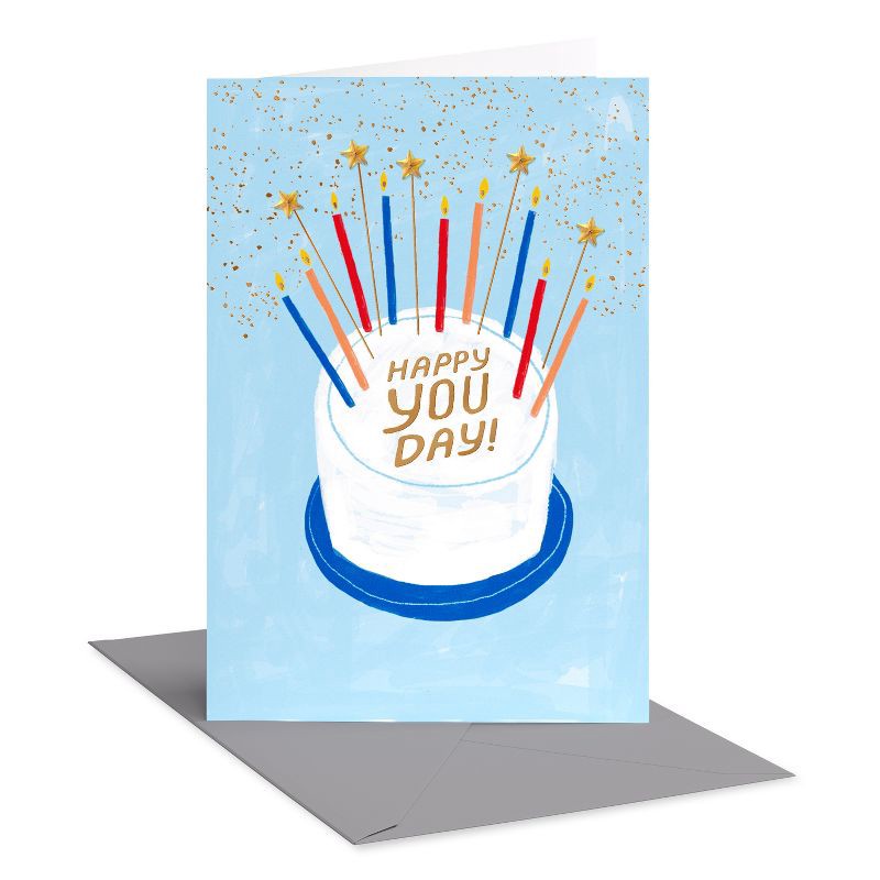 slide 1 of 4, American Greetings Birthday Card for Him Happy You Day Gold and Blue Sparkles and Candles Includes Envelope, 1 ct