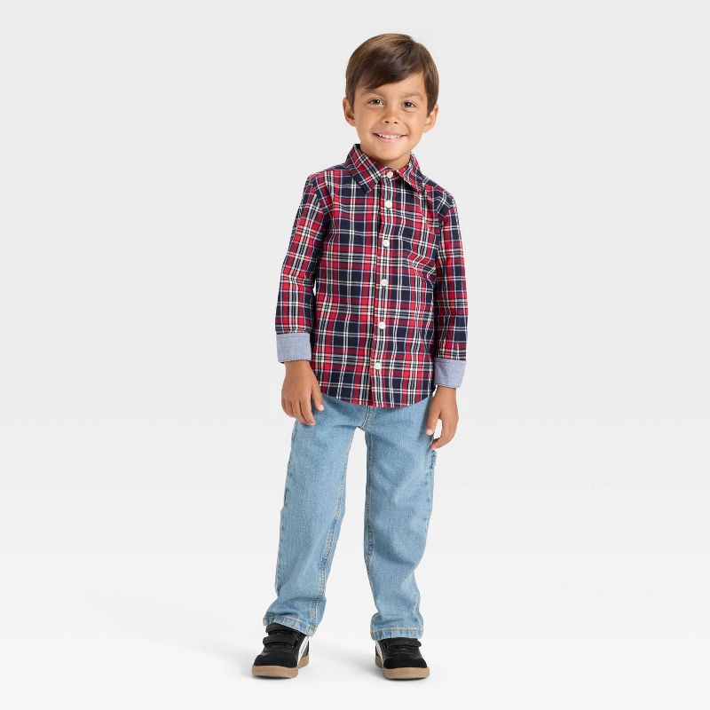 slide 3 of 4, OshKosh B'gosh Toddler Boys' Plaid Button-Down Shirt - Red 2T, 1 ct