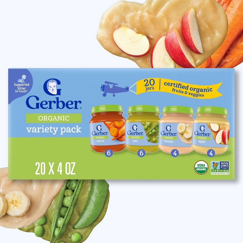 slide 2 of 8, Gerber Organic Baby Food Puree Glass Jar Variety Pack - Fruit & Veggies - 20ct, 20 ct