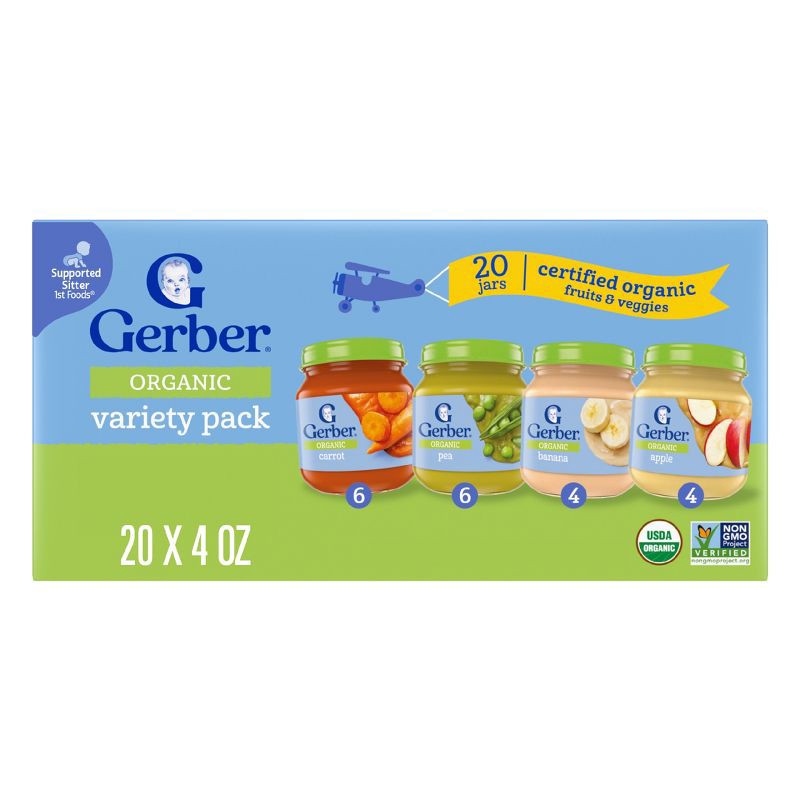 slide 1 of 8, Gerber Organic Baby Food Puree Glass Jar Variety Pack - Fruit & Veggies - 20ct, 20 ct