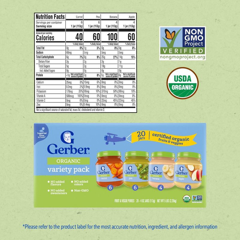 slide 7 of 8, Gerber Organic Baby Food Puree Glass Jar Variety Pack - Fruit & Veggies - 20ct, 20 ct