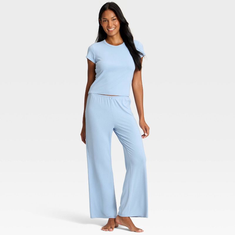 slide 3 of 3, Women's Pointelle Short Sleeve Shirt and Pants Pajama Set - Auden™ Blue S, 1 ct