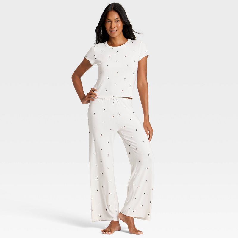 slide 3 of 3, Women's Pointelle Short Sleeve Shirt and Pants Pajama Set - Auden™ Cream M, 1 ct