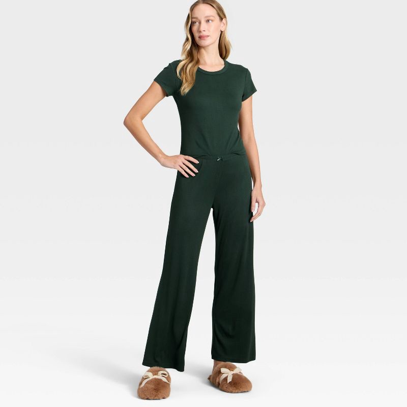 slide 3 of 3, Women's Pointelle Short Sleeve Shirt and Pants Pajama Set - Auden™ Green XS, 1 ct