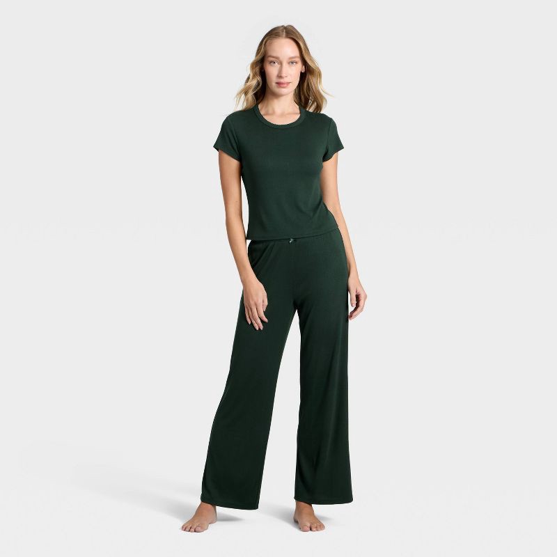 slide 1 of 3, Women's Pointelle Short Sleeve Shirt and Pants Pajama Set - Auden™ Green M, 1 ct