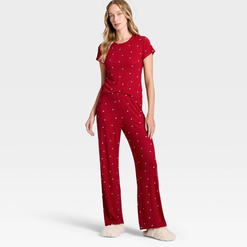 slide 3 of 3, Women's Pointelle Short Sleeve Shirt and Pants Pajama Set - Auden™ Red S, 1 ct