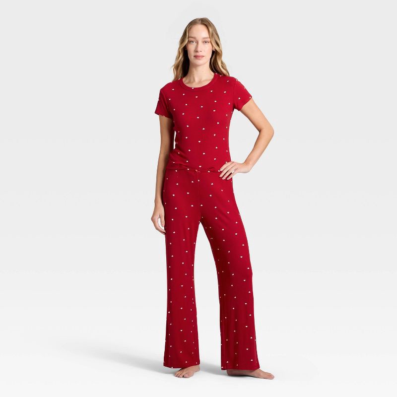 slide 1 of 3, Women's Pointelle Short Sleeve Shirt and Pants Pajama Set - Auden™ Red S, 1 ct