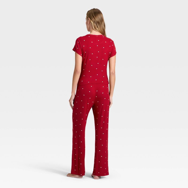 slide 2 of 3, Women's Pointelle Short Sleeve Shirt and Pants Pajama Set - Auden™ Red L, 1 ct