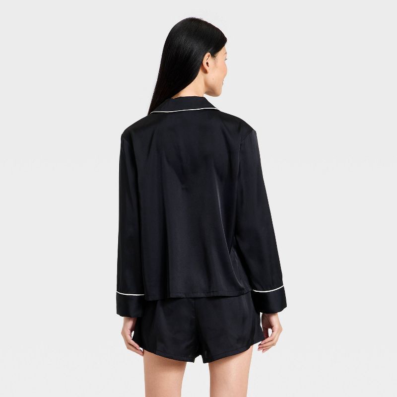 slide 2 of 3, Women's Luxury Collection Satin Notch Collar Long Sleeve Shirt and Shorts Pajama Set - Auden™ Black M, 1 ct