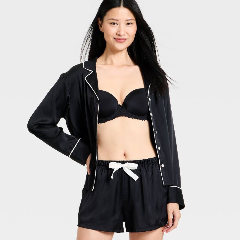 slide 3 of 3, Women's Luxury Collection Satin Notch Collar Long Sleeve Shirt and Shorts Pajama Set - Auden™ Black M, 1 ct