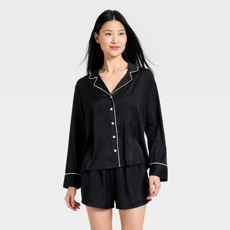 slide 1 of 3, Women's Luxury Collection Satin Notch Collar Long Sleeve Shirt and Shorts Pajama Set - Auden™ Black M, 1 ct