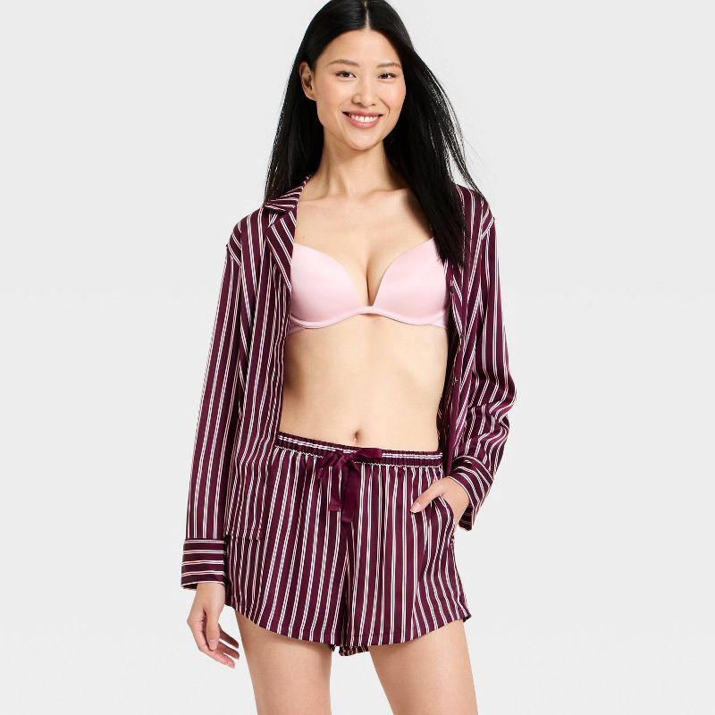 slide 3 of 3, Women's Luxury Collection Satin Notch Collar Long Sleeve Shirt and Shorts Pajama Set - Auden™ Mulberry Striped XS, 1 ct