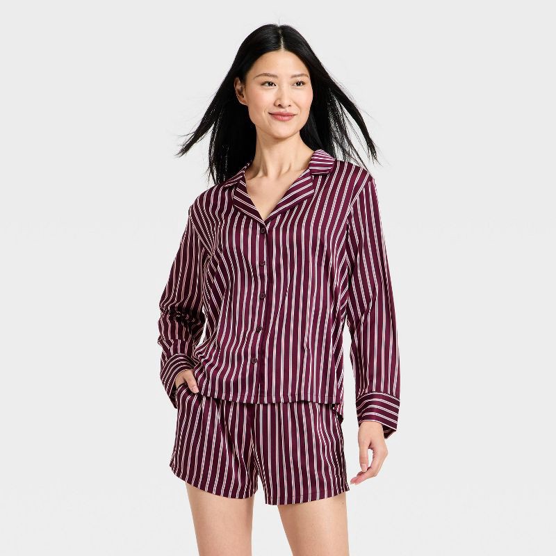 slide 1 of 3, Women's Luxury Collection Satin Notch Collar Long Sleeve Shirt and Shorts Pajama Set - Auden™ Mulberry Striped XS, 1 ct