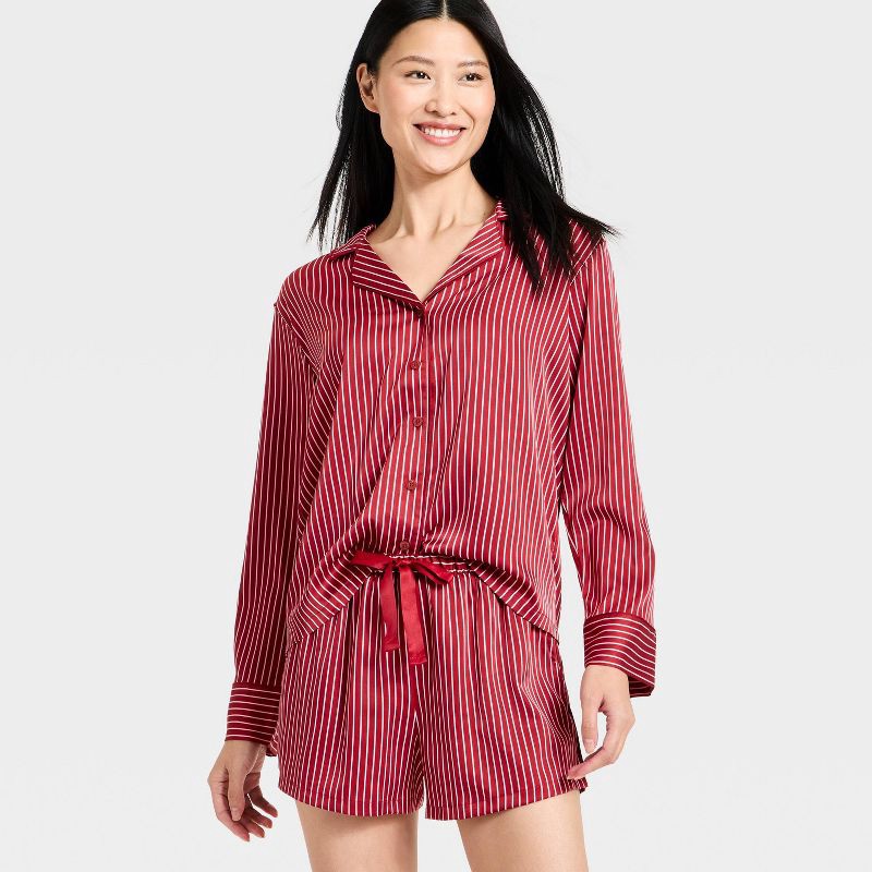 slide 3 of 3, Women's Luxury Collection Satin Notch Collar Long Sleeve Shirt and Shorts Pajama Set - Auden™ Red Striped XL, 1 ct