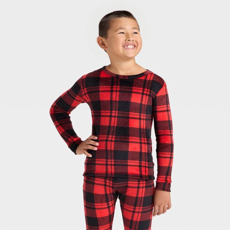 slide 3 of 4, Kids' 2pc Plaid Long Sleeve Holiday Snuggly Soft Pajama Set - Cat & Jack™ Red 14, 2 ct