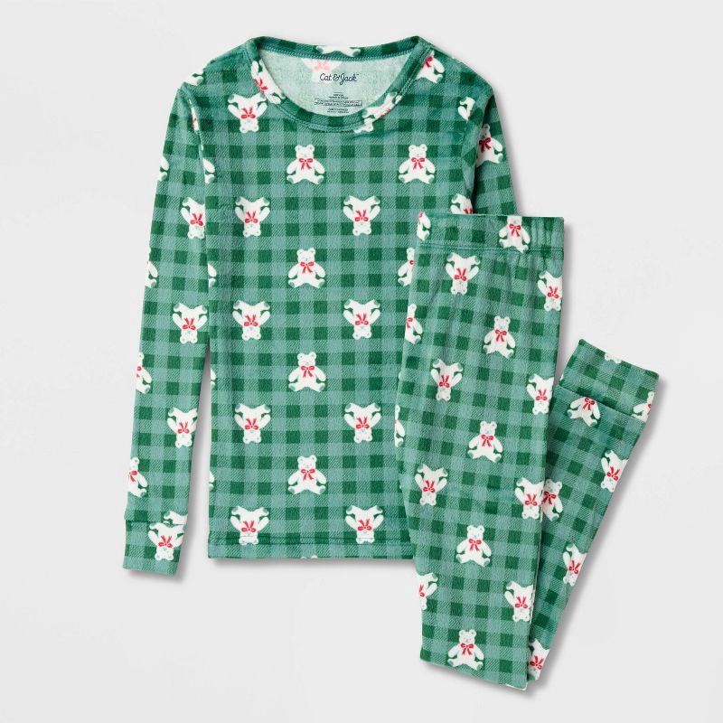 slide 1 of 3, Kids' Teddy Bears Long Sleeve Holiday Snuggly Soft Pajama Set - Cat & Jack™ Green 6, 1 ct