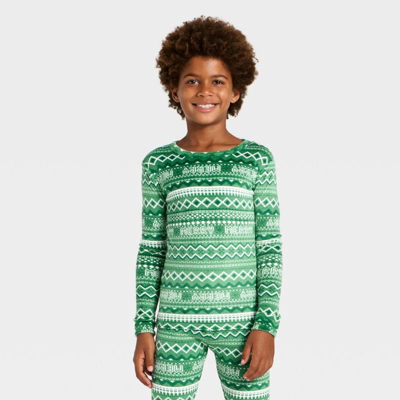 slide 3 of 5, Kids' 2pc Fair Isle Long Sleeve Holiday Snuggly Soft Pajama Set - Cat & Jack™ Light Green 4, 2 ct