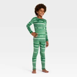 Kids' 2pc Fair Isle Long Sleeve Holiday Snuggly Soft Pajama Set - Cat & Jack™ Light Green 14