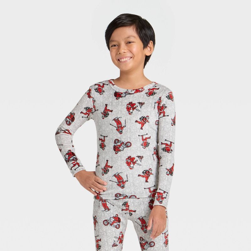 slide 3 of 4, Kids' 2pc Santa Icons Long Sleeve Christmas Snuggly Soft Pajama Set - Cat & Jack™ Gray 10, 2 ct