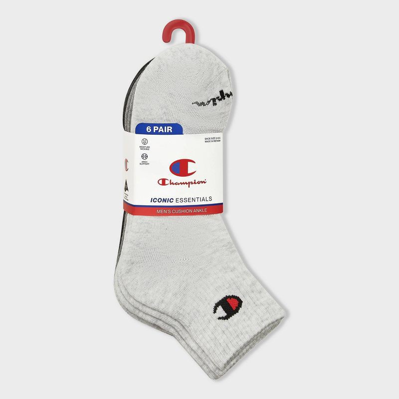 slide 4 of 4, Champion Iconic Essentials Men's 6pk Cushion Quarter Socks - Gray 6-12, 6 ct