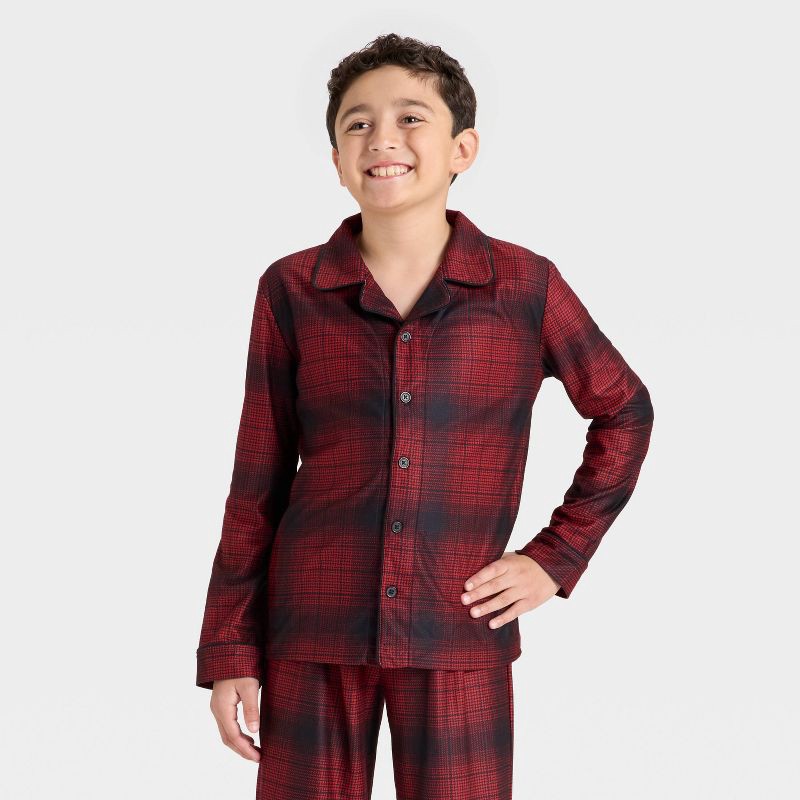 slide 3 of 4, Boys' 2pc Plaid Holiday Long Sleeve Button-Down Pajama Set - Cat & Jack™ Red M, 2 ct