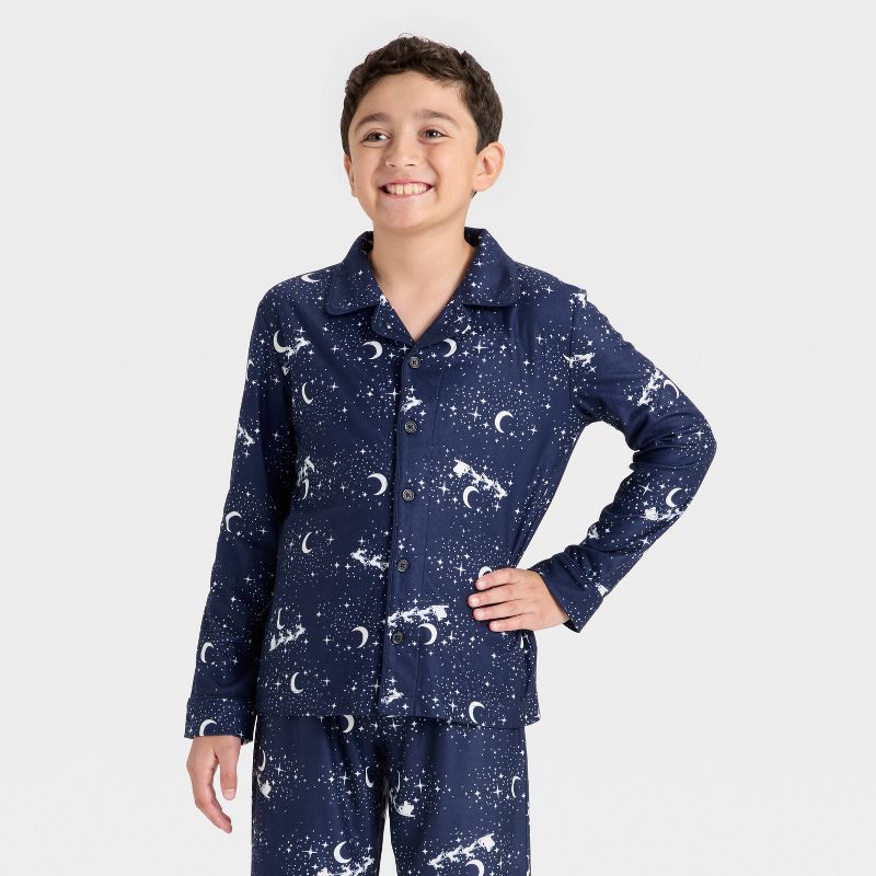 slide 3 of 4, Boys' 2pc Christmas Santa Sleigh Long Sleeve Button-Down Pajama Set - Cat & Jack™ Navy Blue XS, 2 ct
