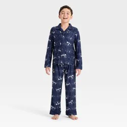 Boys' 2pc Christmas Santa Sleigh Long Sleeve Button-Down Pajama Set - Cat & Jack™ Navy Blue XL