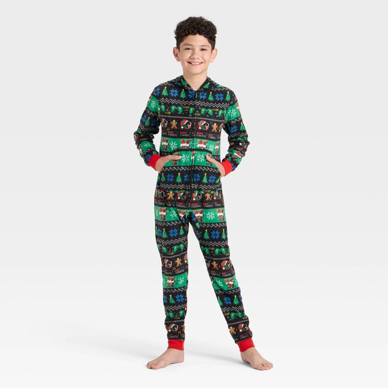 slide 1 of 3, Boys' Christmas Gamer Fair Isle Union Suit - Cat & Jack™ Black L, 1 ct