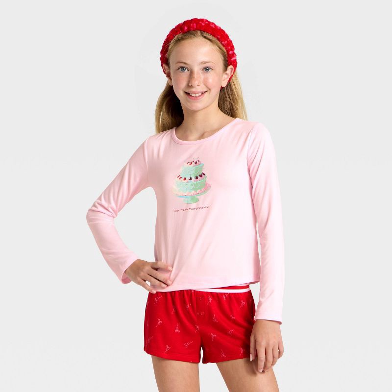 slide 3 of 6, Girls' 2pc Long Sleeve Pajama Set with Spa Headband - art class™ Pink M, 2 ct