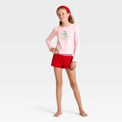 Girls' 2pc Long Sleeve Pajama Set with Spa Headband - art class™ Pink L