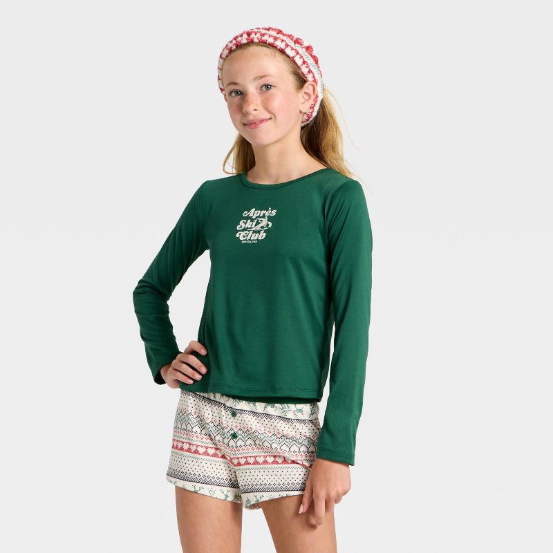 slide 3 of 6, Girls' 2pc Long Sleeve Pajama Set with Spa Headband - art class™ Green XL, 2 ct