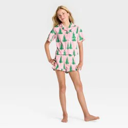 Girls' 2pc Holiday Short Sleeve Button-Down Pajama Set - art class™ Pink M