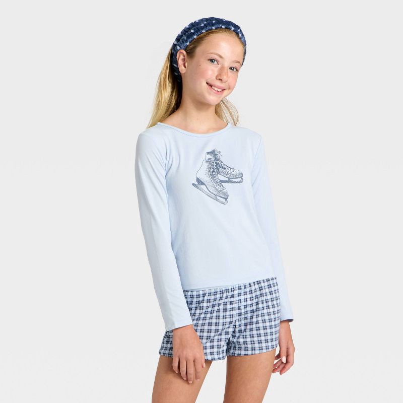 slide 3 of 6, Girls' 2pc Long Sleeve Pajama Set with Spa Headband - art class™ Blue XL, 2 ct