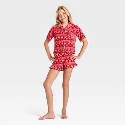 Girls' 2pc Holiday Short Sleeve Button-Down Pajama Set - art class™ Red M