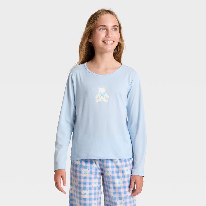 slide 3 of 4, Girls' 2pc Teddy Bear Long Sleeve Pajama Set - Cat & Jack™ Blue M, 2 ct