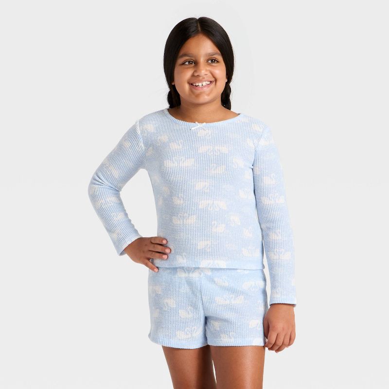 slide 3 of 4, Girls' 2pc Long Sleeve Waffle Knit Pajama Set - Cat & Jack™ Light Blue M, 2 ct