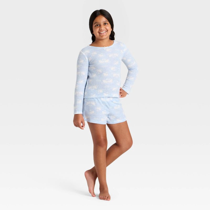 slide 1 of 4, Girls' 2pc Long Sleeve Waffle Knit Pajama Set - Cat & Jack™ Light Blue M, 2 ct