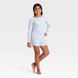 Girls' 2pc Long Sleeve Waffle Knit Pajama Set - Cat & Jack™ Light Blue XL