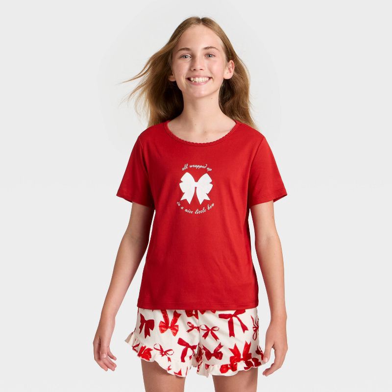 slide 3 of 4, Girls' 2pc Bows Short Sleeve Holiday Pajama Set - Cat & Jack™ Red L, 2 ct