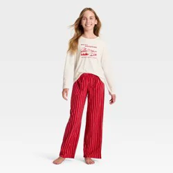 Girls' 2pc Striped Adventure Graphic Long Sleeve Holiday Pajama Set - Cat & Jack™ Light Red L