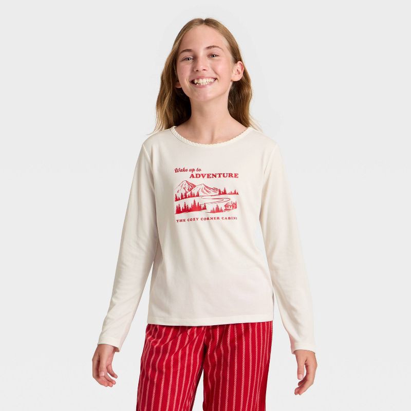 slide 3 of 4, Girls' 2pc Striped Adventure Graphic Long Sleeve Holiday Pajama Set - Cat & Jack™ Light Red XL, 2 ct