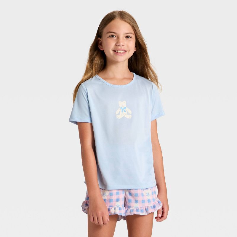 slide 3 of 4, Girls' 2pc Teddy Bear Short Sleeve Pajama Set - Cat & Jack™ Light Blue XS, 2 ct