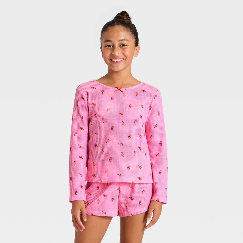 slide 3 of 4, Girls' 2pc Long Sleeve Christmas Waffle Knit Pajama Set - Cat & Jack™ Pink XS, 2 ct