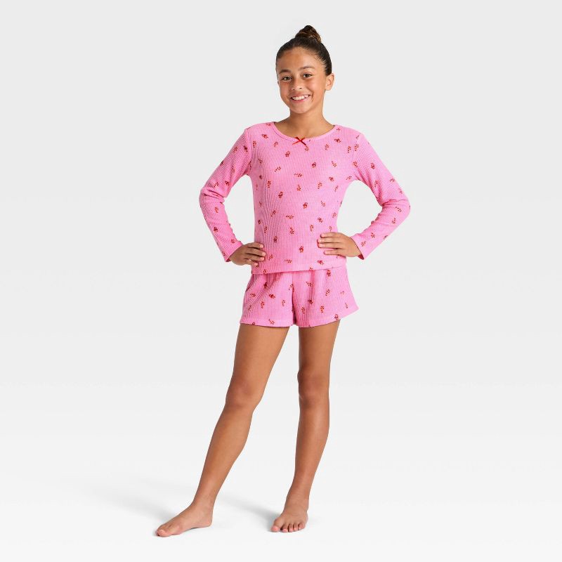 slide 1 of 4, Girls' 2pc Long Sleeve Christmas Waffle Knit Pajama Set - Cat & Jack™ Pink M, 2 ct