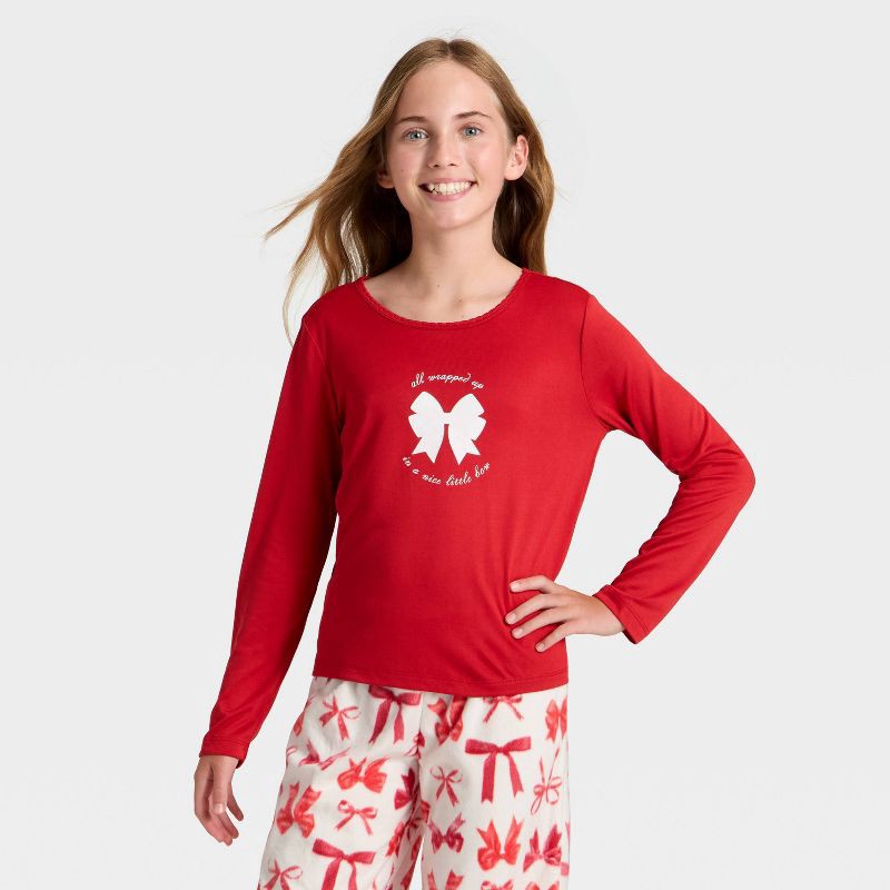 slide 3 of 5, Girls' 2pc Bows Long Sleeve Holiday Pajama Set - Cat & Jack™ Red XL, 2 ct