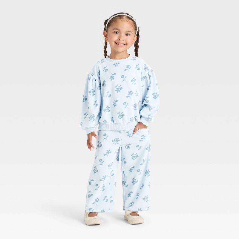 slide 3 of 3, Toddler Girls' Floral Velour Sweatshirt - Cat & Jack™ Light Blue 12M, 1 ct