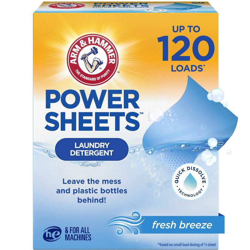 slide 1 of 10, Arm & Hammer Laundry Detergent Sheets - Fresh Breeze - 60ct: Bleach-Free, 120 Uses, 0.53 Net Weight, 60 ct