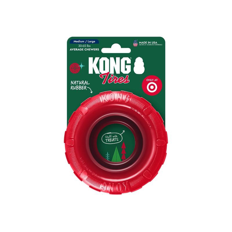 slide 2 of 4, KONG Holiday Tire Treat Dispenser Dog Toy - Red, 1 ct