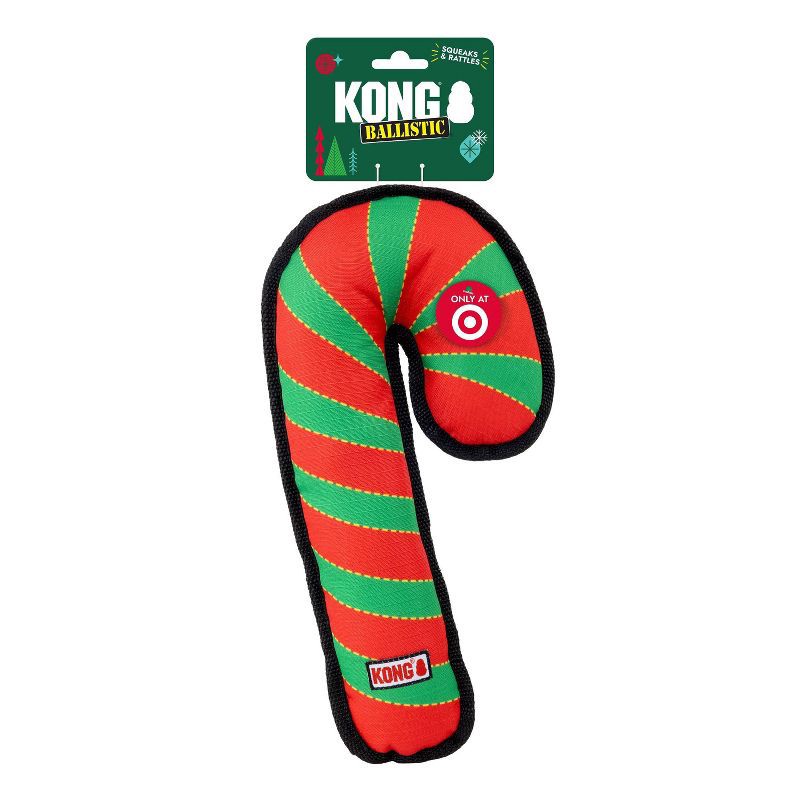 slide 2 of 4, KONG Holiday Ballistic Candy Cane Food Shaped Dog Toy - Red, 1 ct